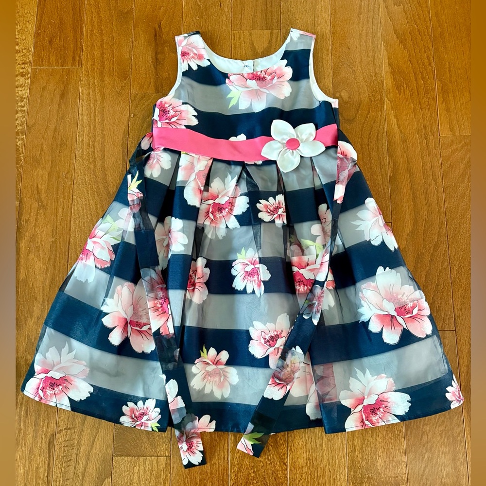 Jona Michelle Navy & Pink Floral Party Dress with Sash and Flower